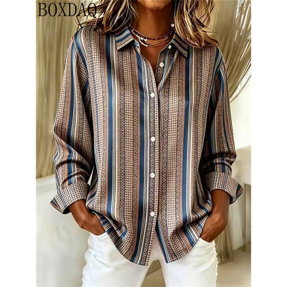 Women's Summer Button Up Blouse with Multi Colored Striped Print Lapel Women's Shirt Long