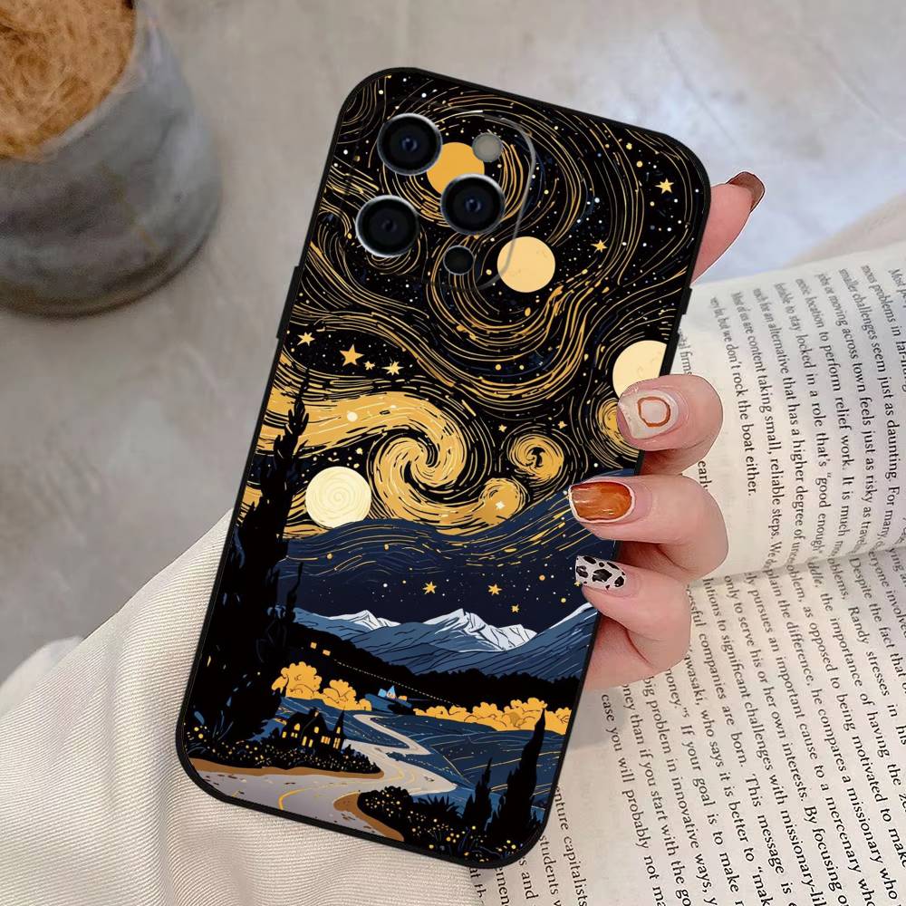 Van Gogh Starry Sky Phone Case For iPhone 17,16,15,14,13,12,11 Plus,Pro Max,XS,Soft Silicone Black Cover