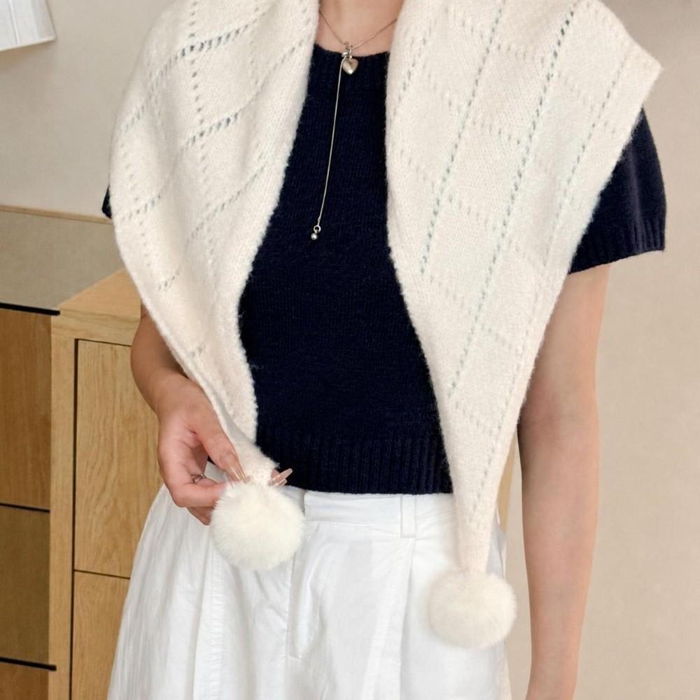 Soft Knitted Triangle Shawl with Pom Poms Yarn Shoulder Wrap Winter Neck Scarf  Daily Casual Wear