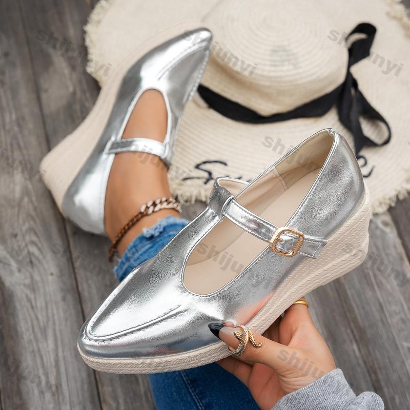 Fashion Women Gold High Heels Shallow Wedges Single Shoes Spring New Comfort Non-slip Ladies Fashion Comfortable Leather Single Shoes