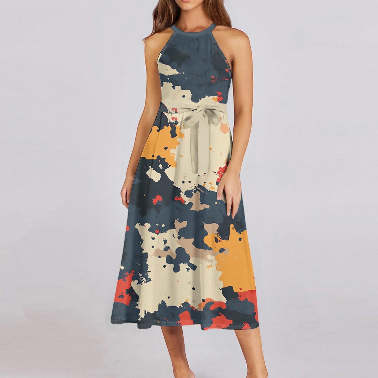 

Жіноча повсякденна сукня міді з круглим вирізом Базова класична повсякденна сукня без рукавів у стилі бохо на краватці Літній пляжний сарафан L бежевий