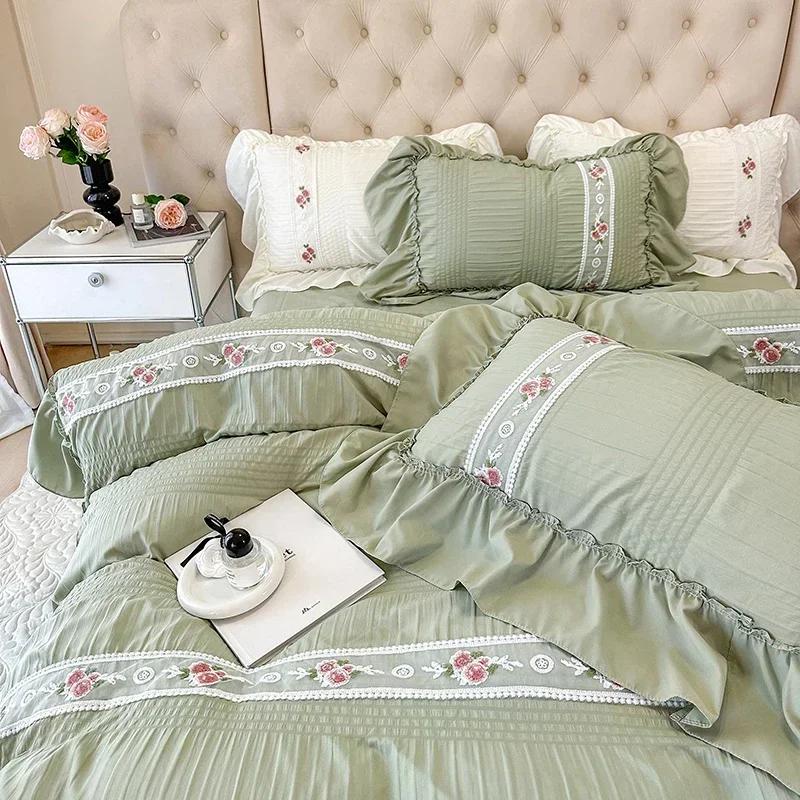 French Embroidered Lace Bubble Gauze Bedding Set Pink Elegant Princess Style Queen Duvet Cover Set Ruffled Comforter Cover Sets