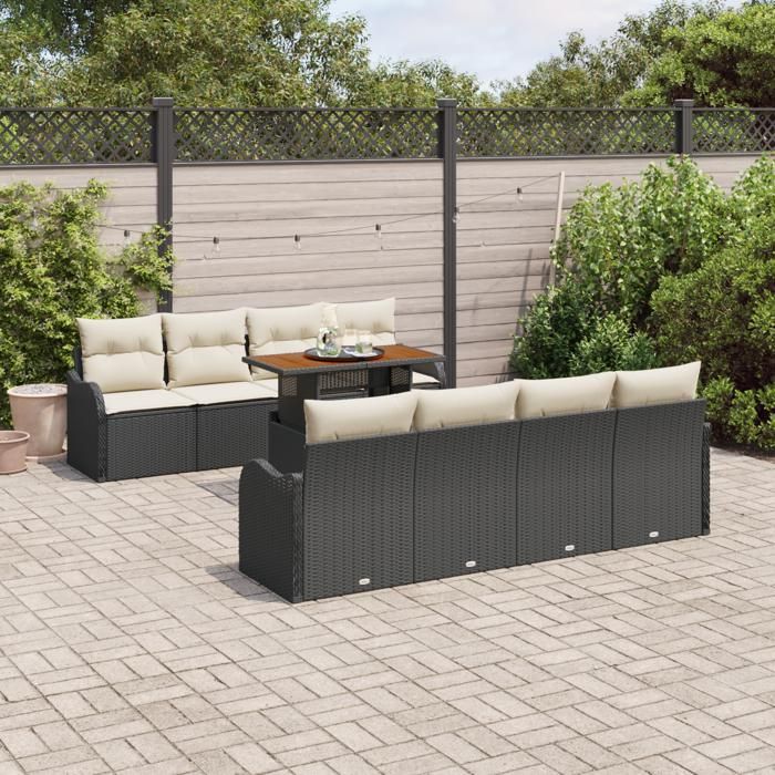 Ensemble de Canapés de Jardin 9 Pièces avec Coussins Noir en Rattan Poly, Canapé de Jardin 2 Places avec Coussins Noir 3349431
