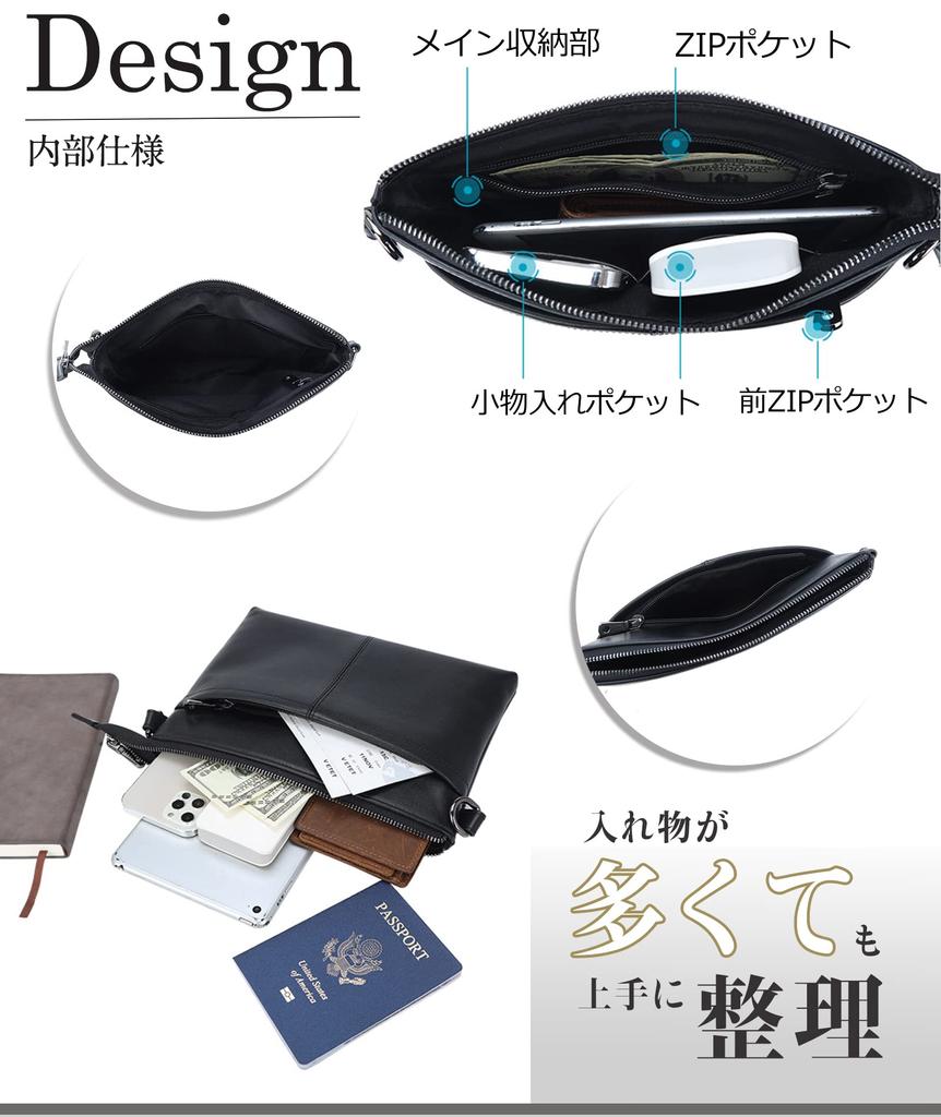 Saccoche Bag Genuine Leather Shoulder Bag Thin Gusset iPadmini YKK Cowhide Nappa Leather Black Olive Japanese Company [TIDING] Men's [Genuine Product]