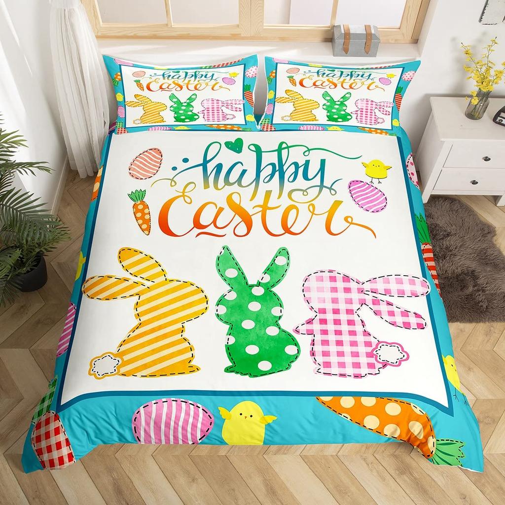 Pink Cherry Blossom Duvet Cover Happy Easter Theme Rabbit Ear Easter Eggs Bedding Set Polyester Butterfly Flower Comforter Cover