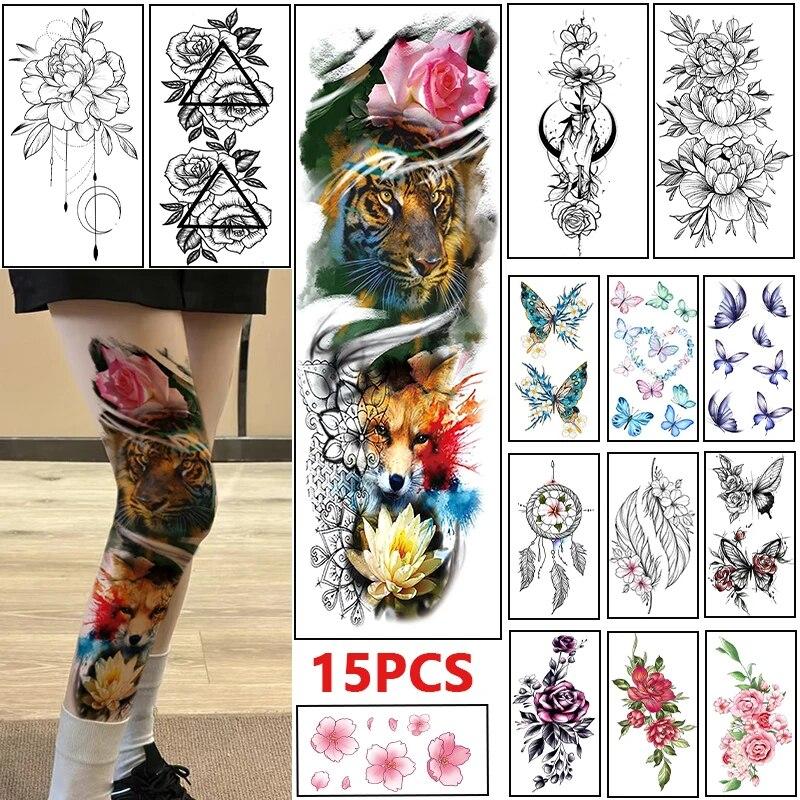 

15 шт. Наклейка-тату Suhua Реалистичная Водонепроницаемая Эскиз Цветок Наклейка для татуировки Бумага Роза Цветок Змея Цветок Черно-белая