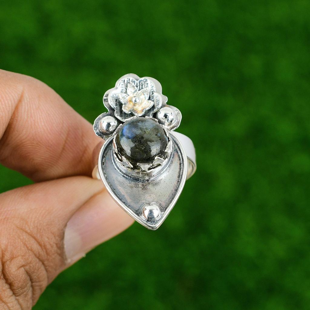 Gift For Her 925 Silver Natural Labradorite Promise Flower Adjustable Ring