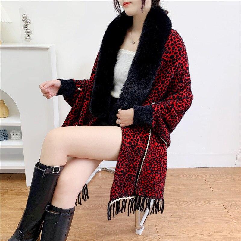 2022 Women Fur Collar Knitted Loose Cape Winter Faux Mink Velvet Warm Poncho Batwing Sleeves Cardigan Knitwear Coat With Pocket