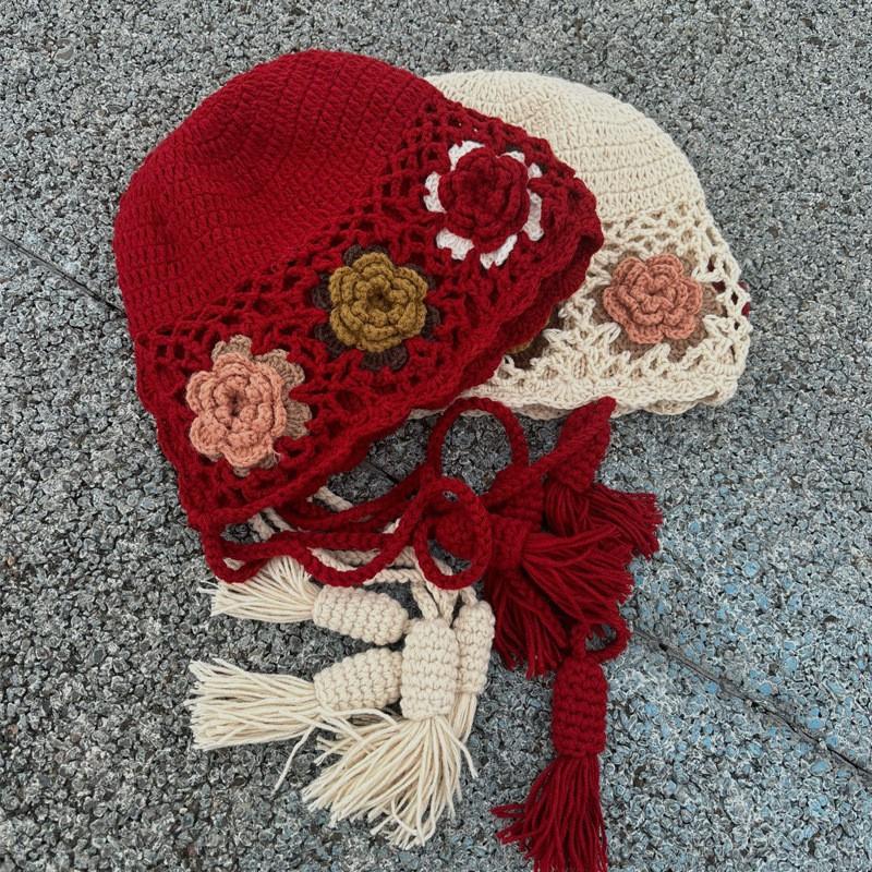 Handmade Crochet Lace Flower Beanie Hat Women Ethnic Style Retro Knit Cap