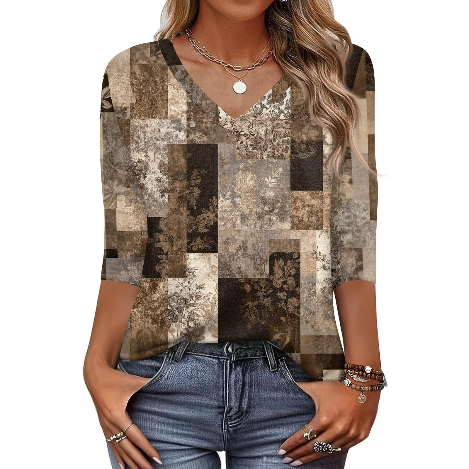 

Женская футболка с принтом, рукав 3/4, повседневная мода на выходные, базовый топ с V-образным вырезом XXL хаки