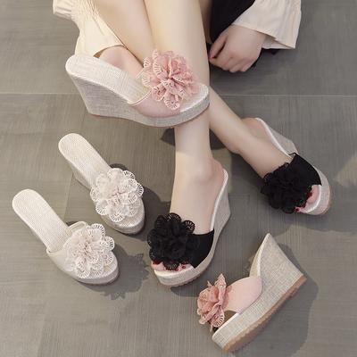 Summer Flowers Home and Outdoor Thick-soled One-Line Fish Mouth Sandals/Slippers Large Size Fashionable Wedge Women's Shoes