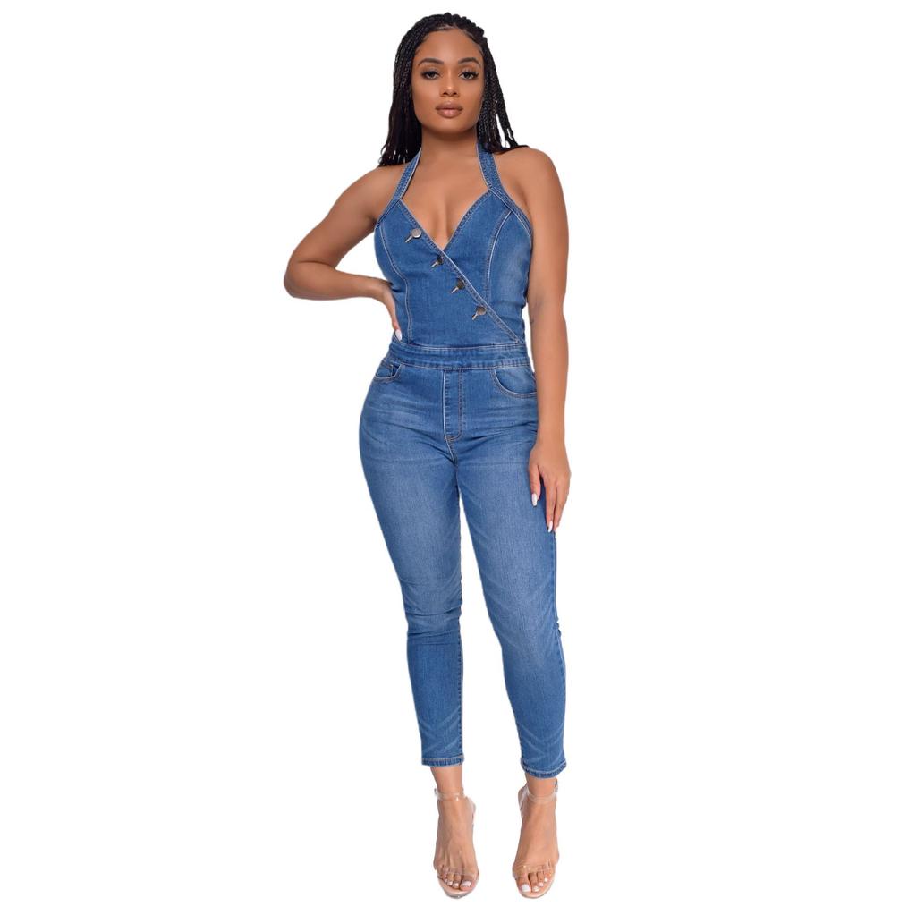 Europäischer und Amerikanischer Stil Schlankmachender Ärmelloser Neckholder Jumpsuit Jeans
