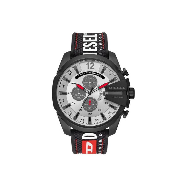 

Diesel Mega Chief Watch Quartz Movement Leather Fabric Strap Gray Dial Fashion Trendy Personality Chronograph With Calendar Composite Strap DZ4512 Regular Watch Box,Black Strap