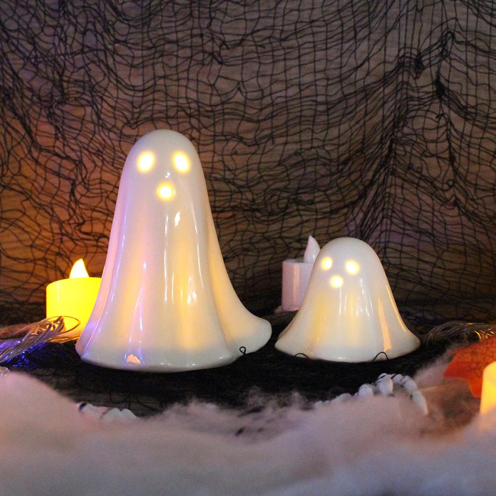2Pcs Halloween LED Light Up Ghost Decor Ceramic Lighted Ghost Sculpture Handmade Illuminated Ghost Decor Desktop Decoration