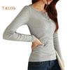 T-Mix Solid Color Women Ribbed Long Sleeve Round Neck Buttons Slim Fit T-shirt Blouse