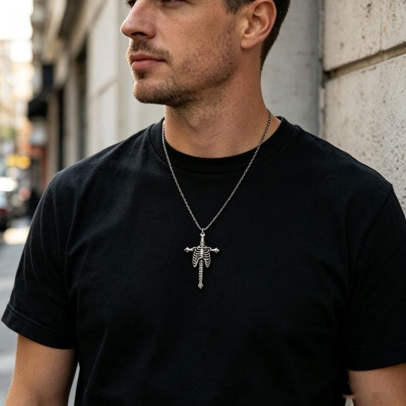 Rib Cage Cruciform Pendant Necklace for Gothic Style Enthusiasts, Silver Tone Alloy Statement Jewelry with Link Chain for Daily and Party Outfits