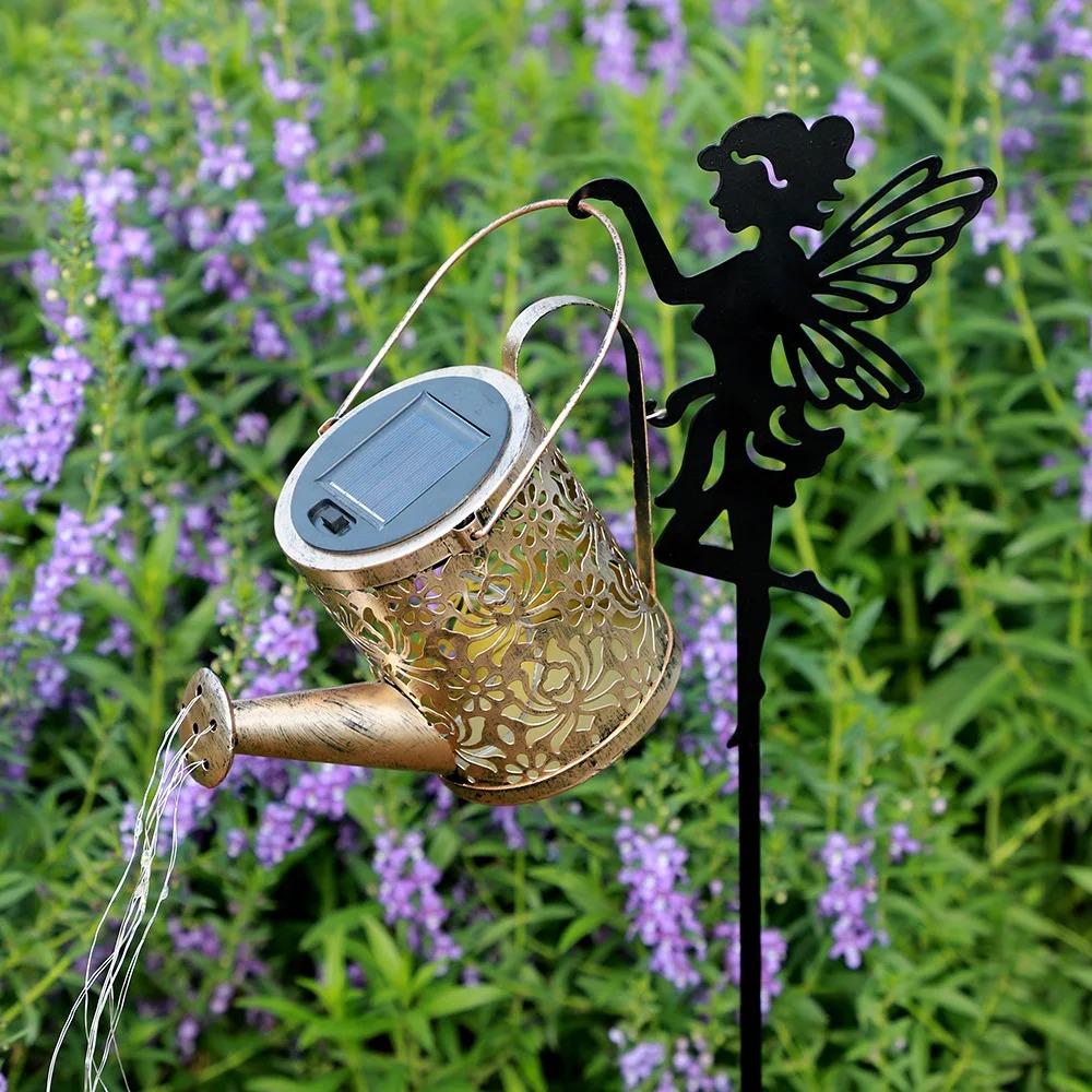 Solar-Powered Iron Art Flower Fairy Lawn Lamp Outdoor Waterproof Garden Kettle Hollow Rojection Light for Decorative Outdoor Use
