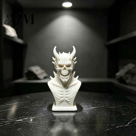Spooky Theme Room Decoration 3D Printed Demon Skull Bust Statue, Gothic Horned Skeleton Personalized Gift for Him Figurine, Mini Desktop Ornament