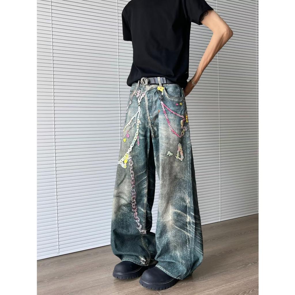 JYL Unisex Chain Print Jeans Spring Loose Straight Wide-Leg Denim Pants