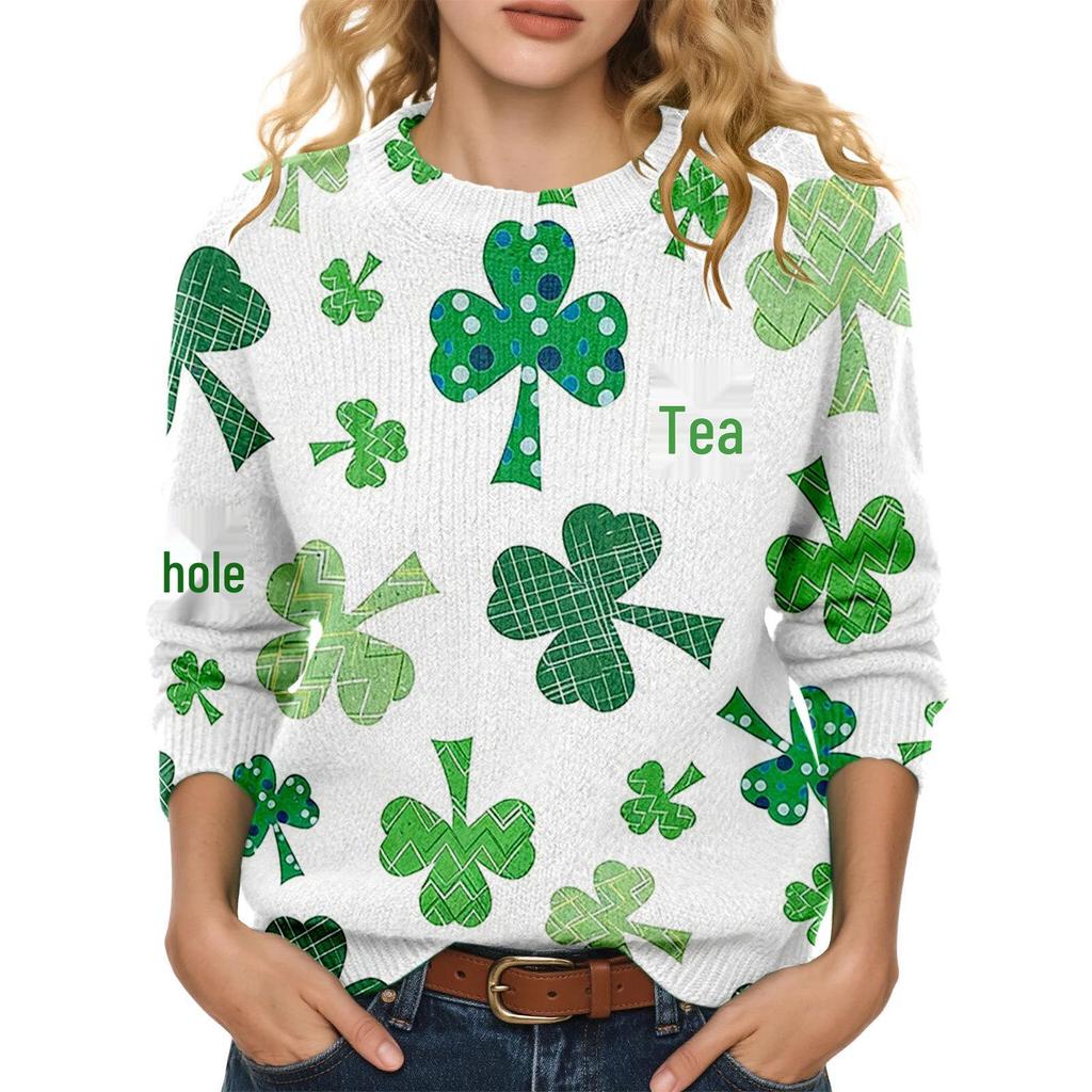 LXF-YT52 Saint Patrick's Day Fair Isle Pullover Sweater - Long Sleeve, Spring and Autumn Fashion.