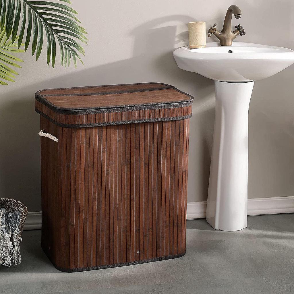 Bamboo Basket for Laundry Featuring a Lid and Handles