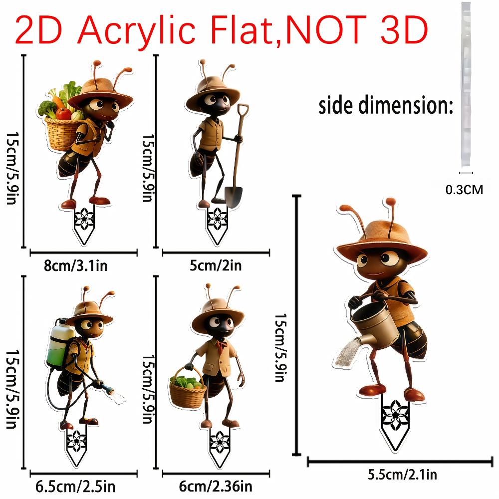 2D Flat 5Pcs Ant Acrylic Garden Decor Set Reusable For Yard Lawn Planter Outdoor Ornaments Gift