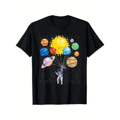 Europejskie rozmiary Kosmiczna Przygoda Astronauta i Planety Graficzny T-shirt - Czarny z Żywym Wzorem Układu Słonecznego Swobodny Outdoorowy T-shirt