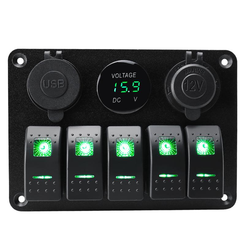 5 sets of rocker switch panels, 12-24V, with dual USB socket 4.2A+voltmeter LED light and cigarette lighter.