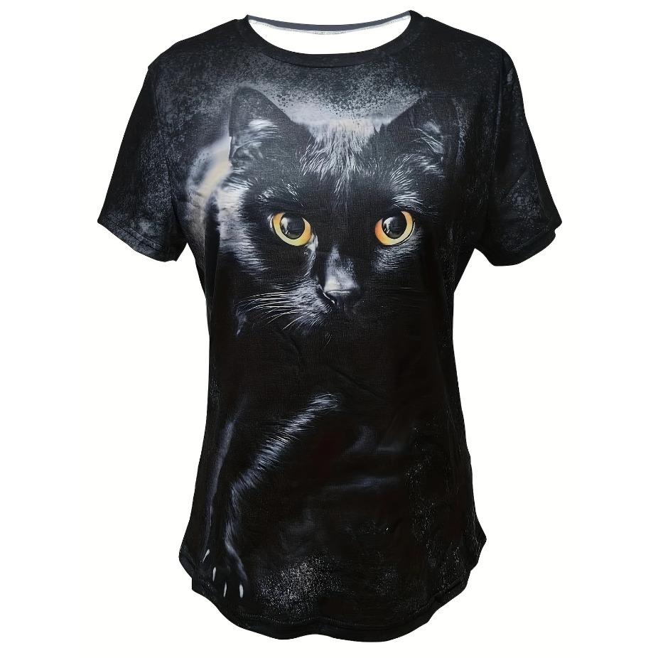 Sommer Chic Katzen-Print Rundhals Kurzarm T-Shirt - Damen Casual Oberteil für Frühling & Sommer