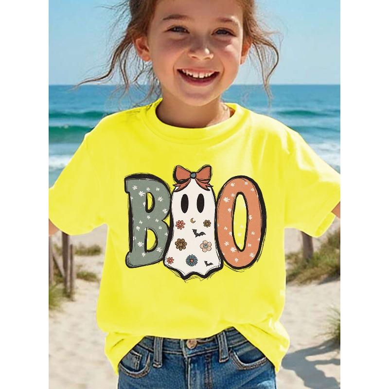 Girls Crew Neck Short Sleeve T-Shirt with Boo Halloween Ghost Letter & Cartoon Print