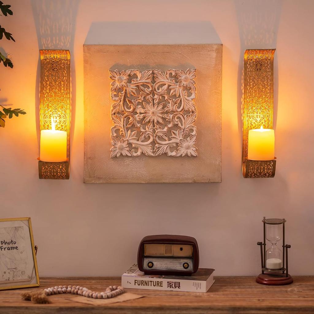 Sziqiqi Gold Candle Sconces Wall Decor Set of 2 - Rustic Pillar Wall Candle Holder for Farmhouse Vintage Hallway Wall Decor Decorative Bathroom Metal