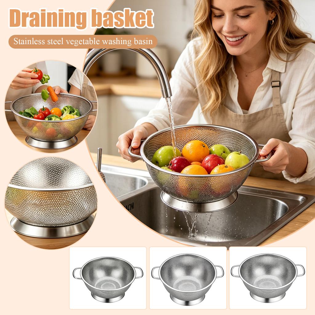 Stainless Steel Kitchen Colander with Side Handles and Raised Base for Washing Vegetables Fruits Pasta Rice Durable Mesh Basket