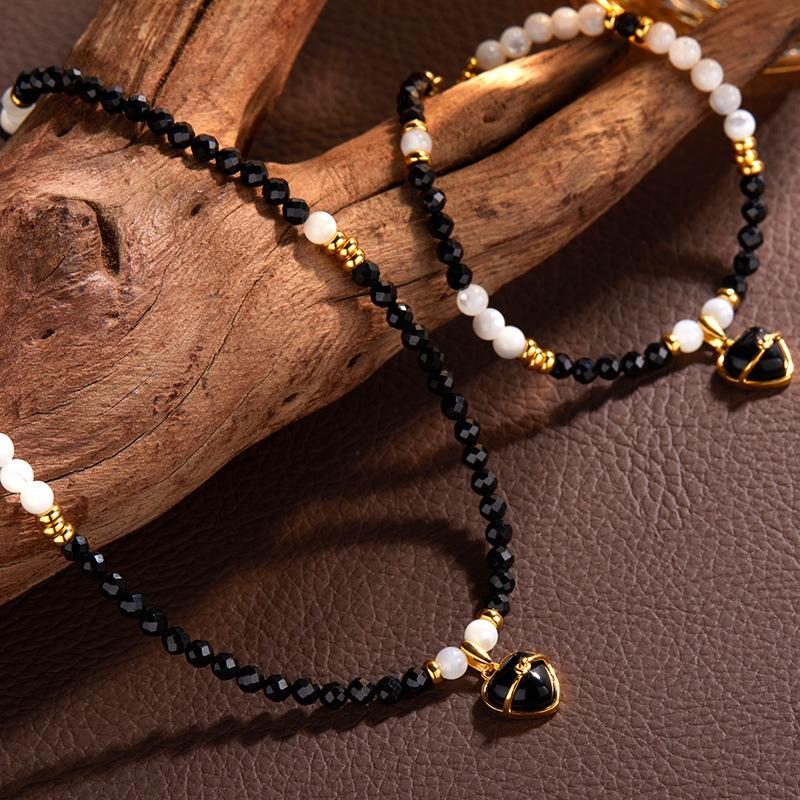 Original Niche S925 Sterling Silver Natural Black Agate Colored Treasure Pendant Heart-Shaped Love Bracelet Female Xiaohongshu Beaded