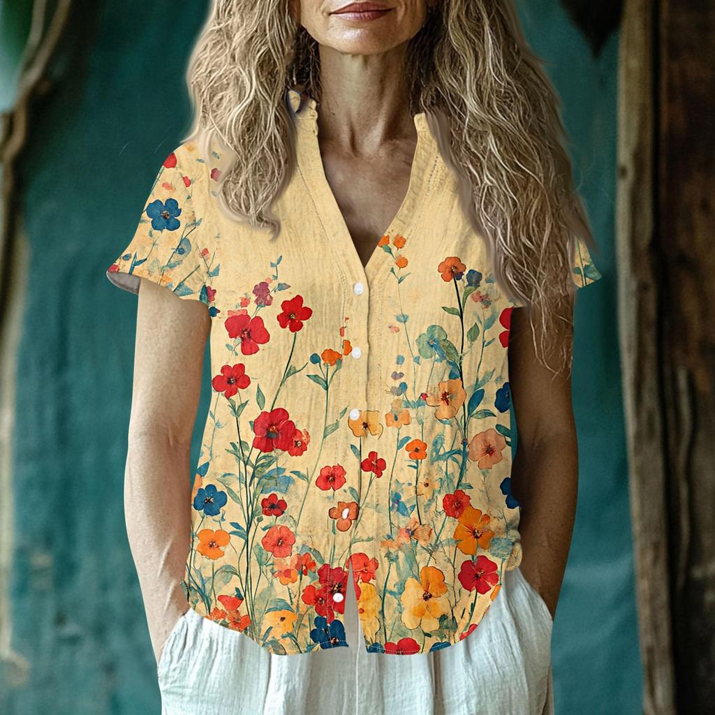 Women's Casual V-neck Short Sleeved Top, Printing T-shirt Shirt