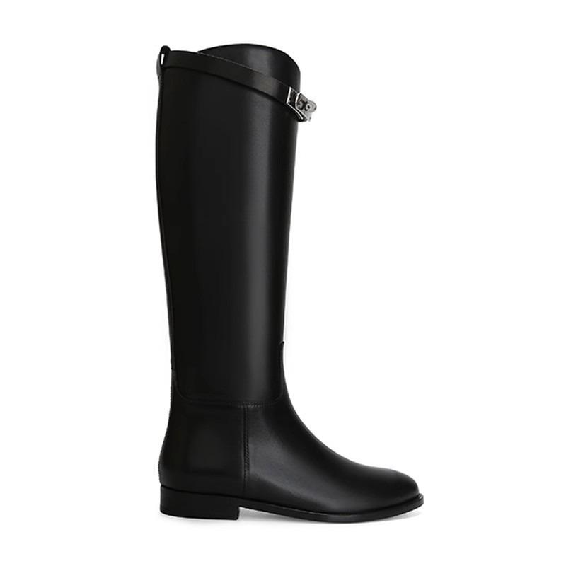 Cowhide Version~ Long Boots Retro and Thin Leather Thick-soled Knight Boots Women's Small Gold Buckle Thick Heel Long Boots High Boots