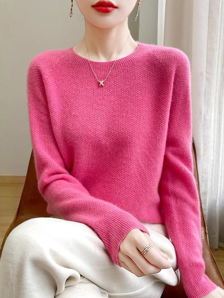 Women's Andy Plush Osmanthus Stitch Loose Knit Pullover Sweater - Round Neck, Solid Color, Versatile Base Layer