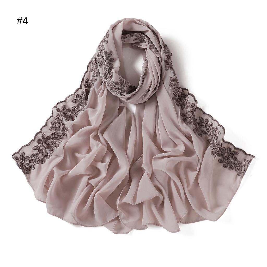 Embroidery Lace Chiffon Hijabs For Women Vine Heavy Pearl Industry Edge Long Scarf Light Scarf Headscarf Shawl Turban Ramadan