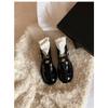 Sheepskin~ Camellia Mary Jane Shoes Women's Round Head Thick Heel Leather Thick-soled Gold Buckle with Skirt Small Leather Shoes