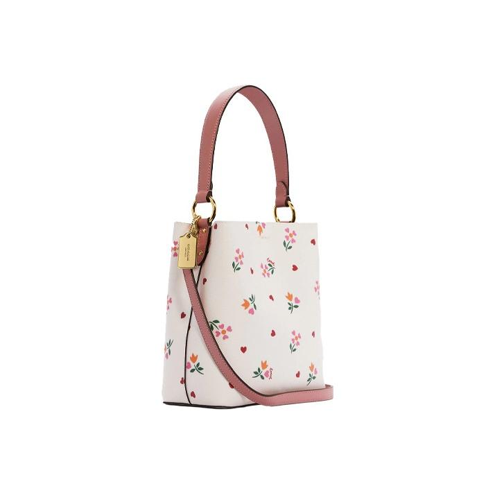 Coach Town 22 Metallic Horse And Carriage Logo Heart Flower Print Coated Canvas And Leather Bucket Bag Women Bags Pink White C7976-IMCAH