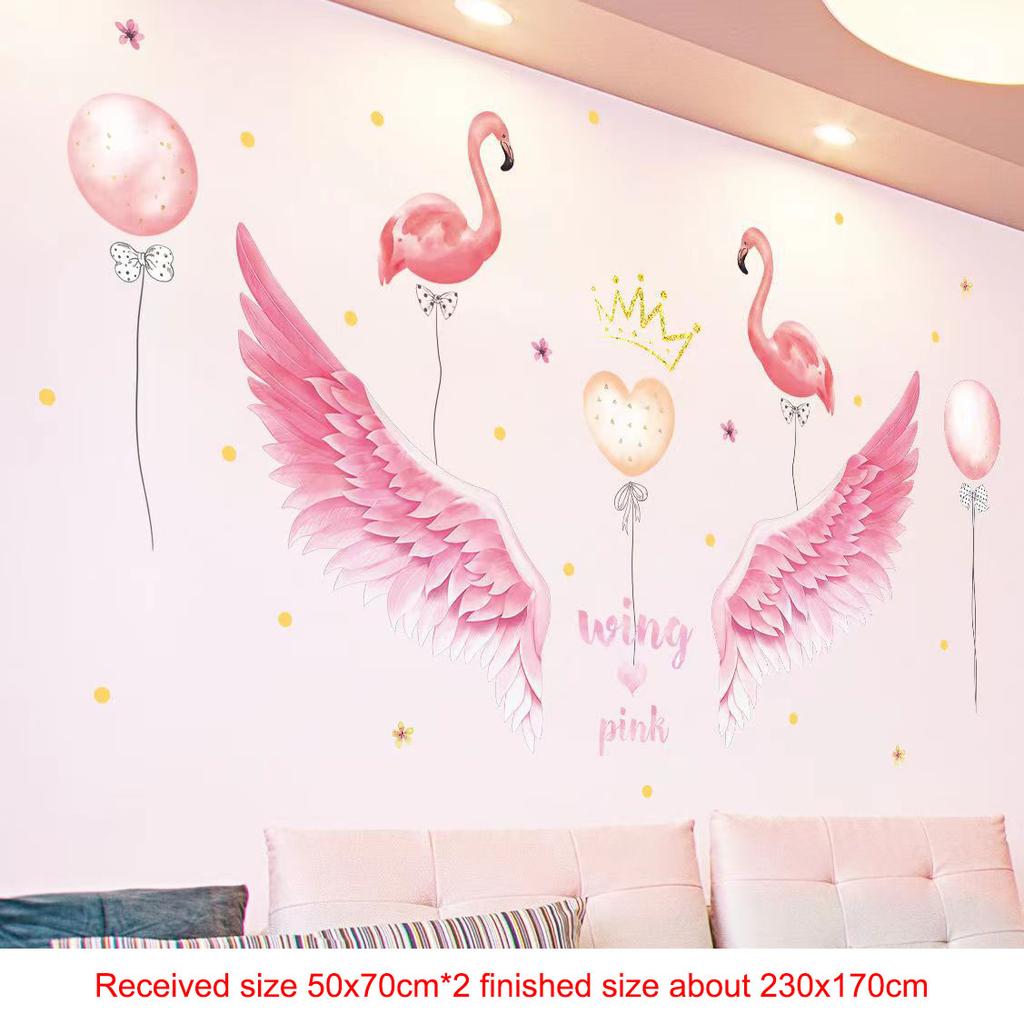 Pink Wall Sticker for Bedroom Girls, Unicorn Feather Princess Flowers Decal, Nursery Removable Wallpaper