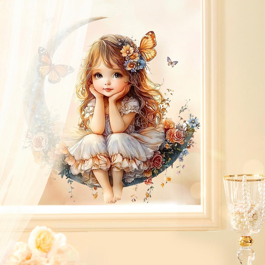 Girl On Moon with Butterflies Wall Stickers, Removable Waterproof Moisture-Proof Self-Adhesive PVC Decals for Kids Room Bedroom Living Room Decoration