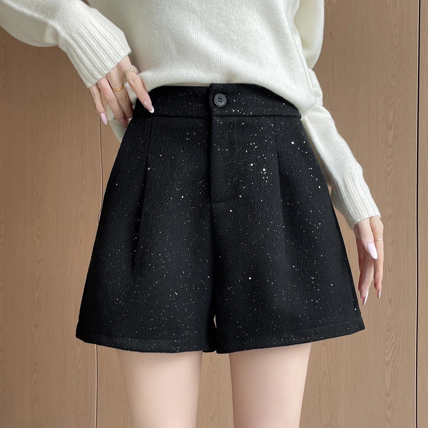 

Plus Size Woolen Wide-Leg Sequined Bootcut Shorts for Chubby Women - Casual Autumn/Winter Outerwear 4XL (165-180 lbs)