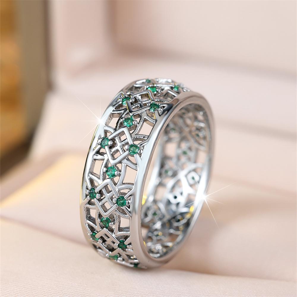 Green Crystal Hollow Zircon Stone Rings For Women Vintage Silver Color Engagement Ring Wedding Jewelry Bridal Versatile Gift