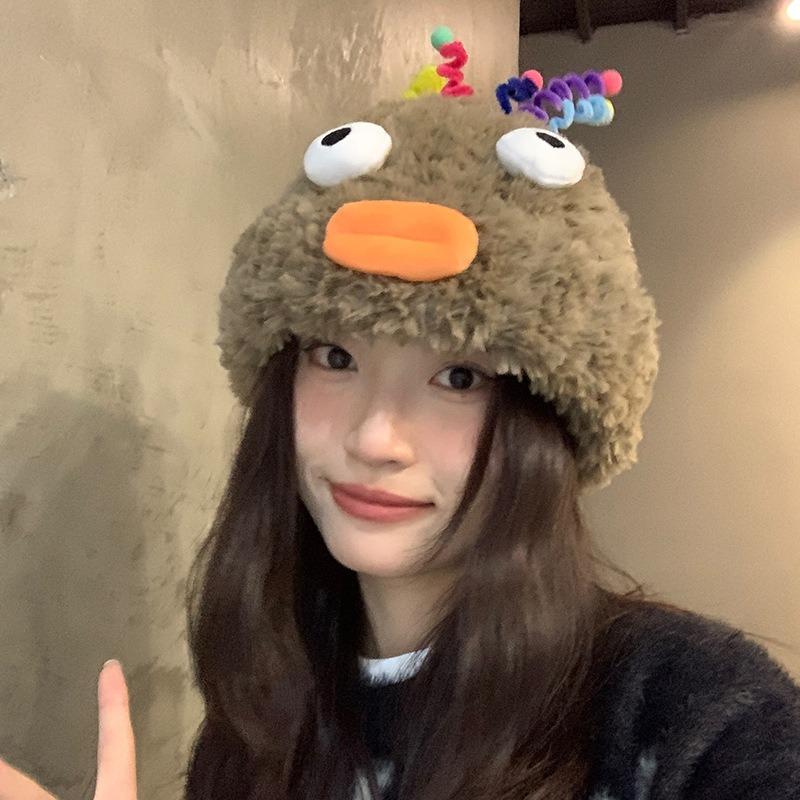 

Plush hat women s autumn and winter new funny wool hat warm ear protection cute knitted hat versatile ear protection hat M（56-58cm） коричневый