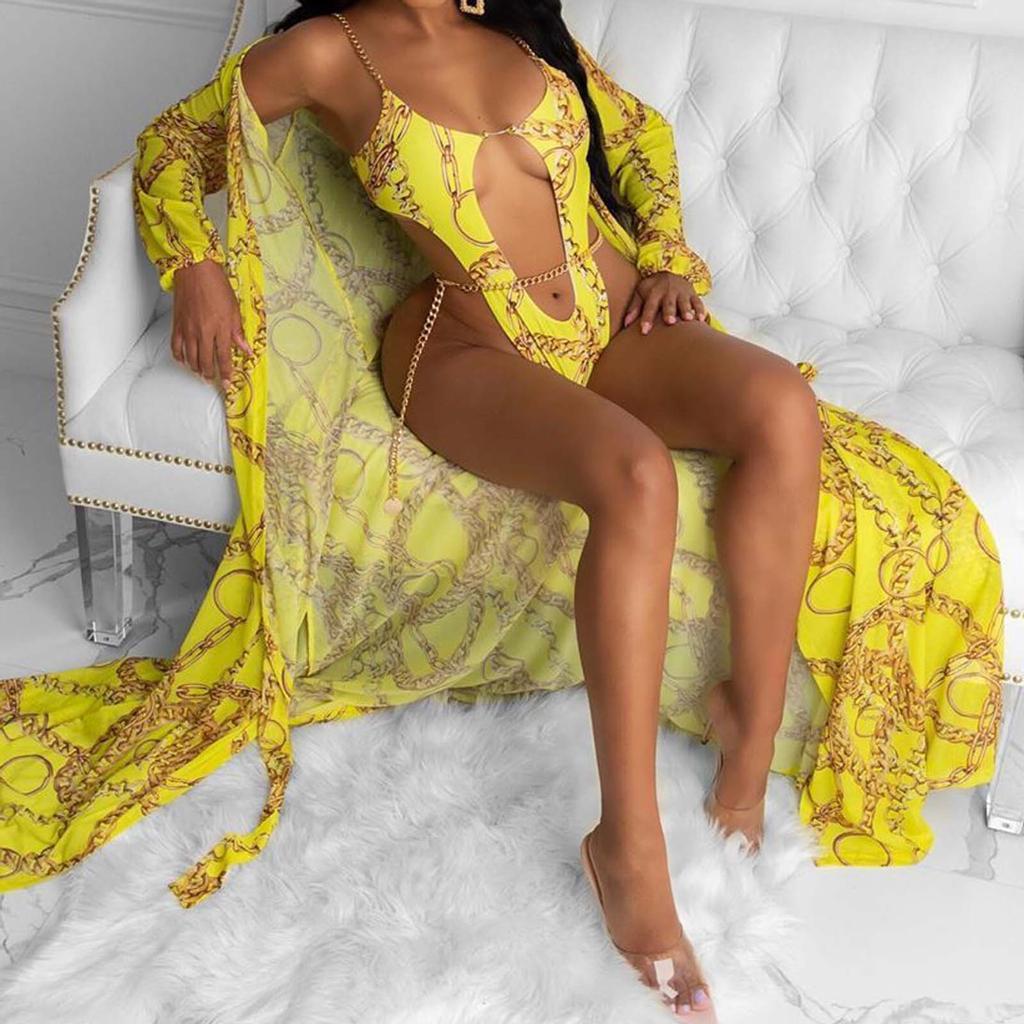 Women's Fashion Sexy Hollow Chain Personalized Printed One-Piece Swimsuit