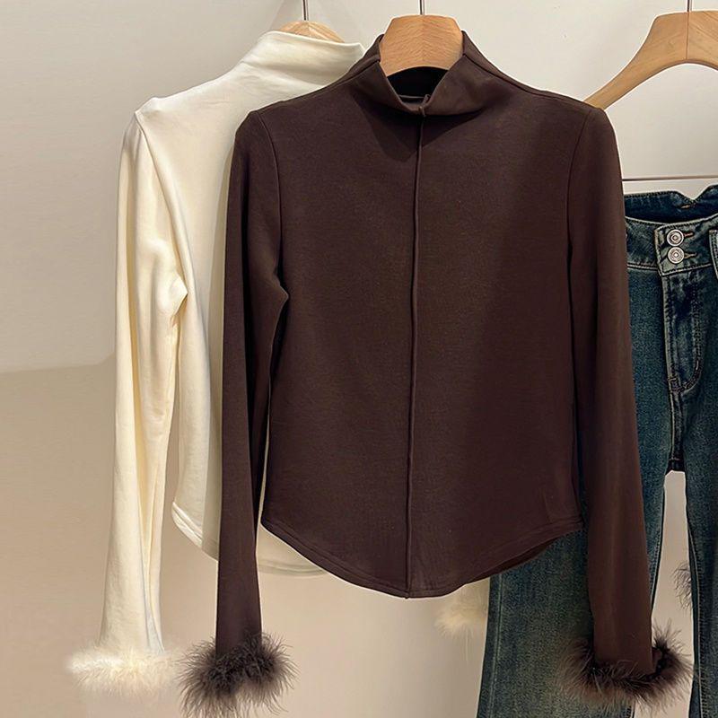 Женский топ большого размера, облегающий, с длинным рукавом, из термофлиса, с пушистыми петлевыми манжетами и начесом внутри, с воротником-стойкой. S кофейный