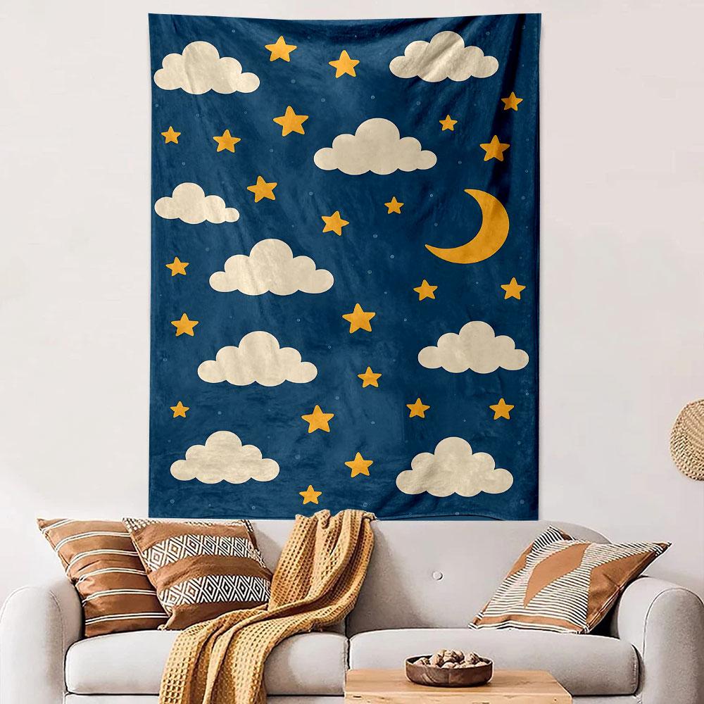 Clouds, Stars, and Moon Night Design Patterned Tapestry Decorative Wall Hanging, Home Bedroom Living Room Decor