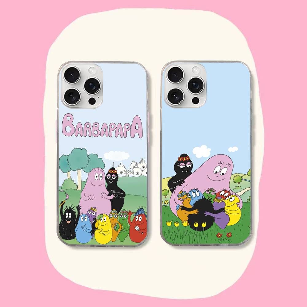 Cute Cartoon Barbapapa Silver Gradient Pleated Water Ripple Phone Case for IPhone 17 16 15 14 13 12 11 Pro Max