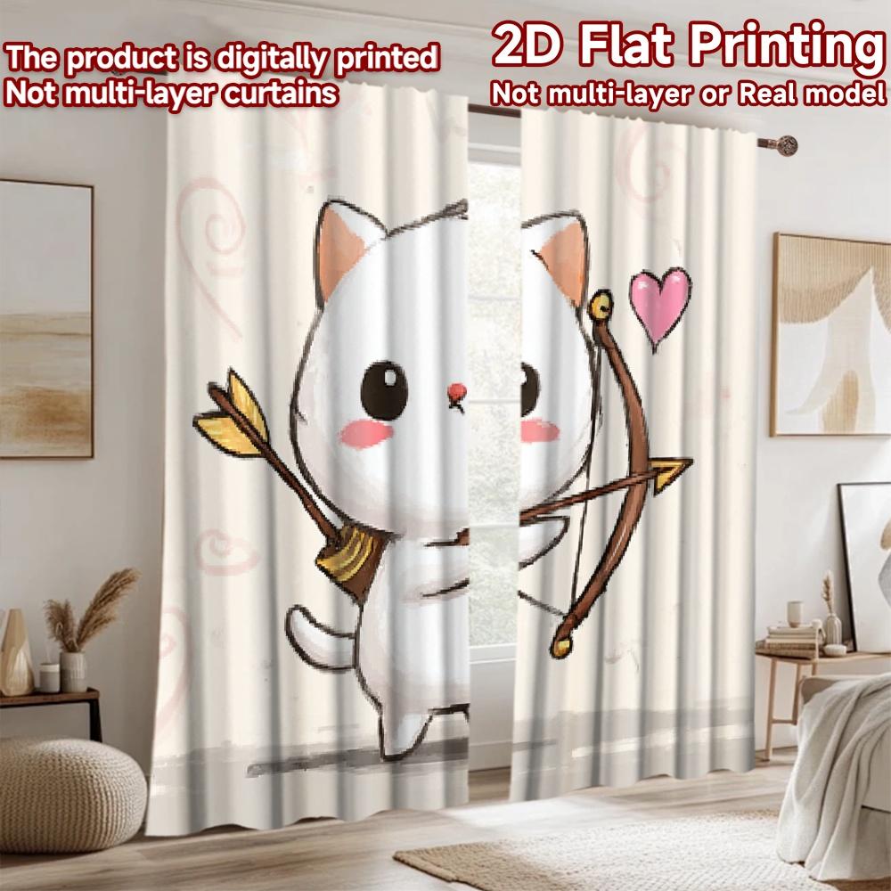 2D flat printing 2pcs Window Treatment Curtains Cute cat cupid bow Digital Printed Polyester Drapes Festive Wall Decor Use for
