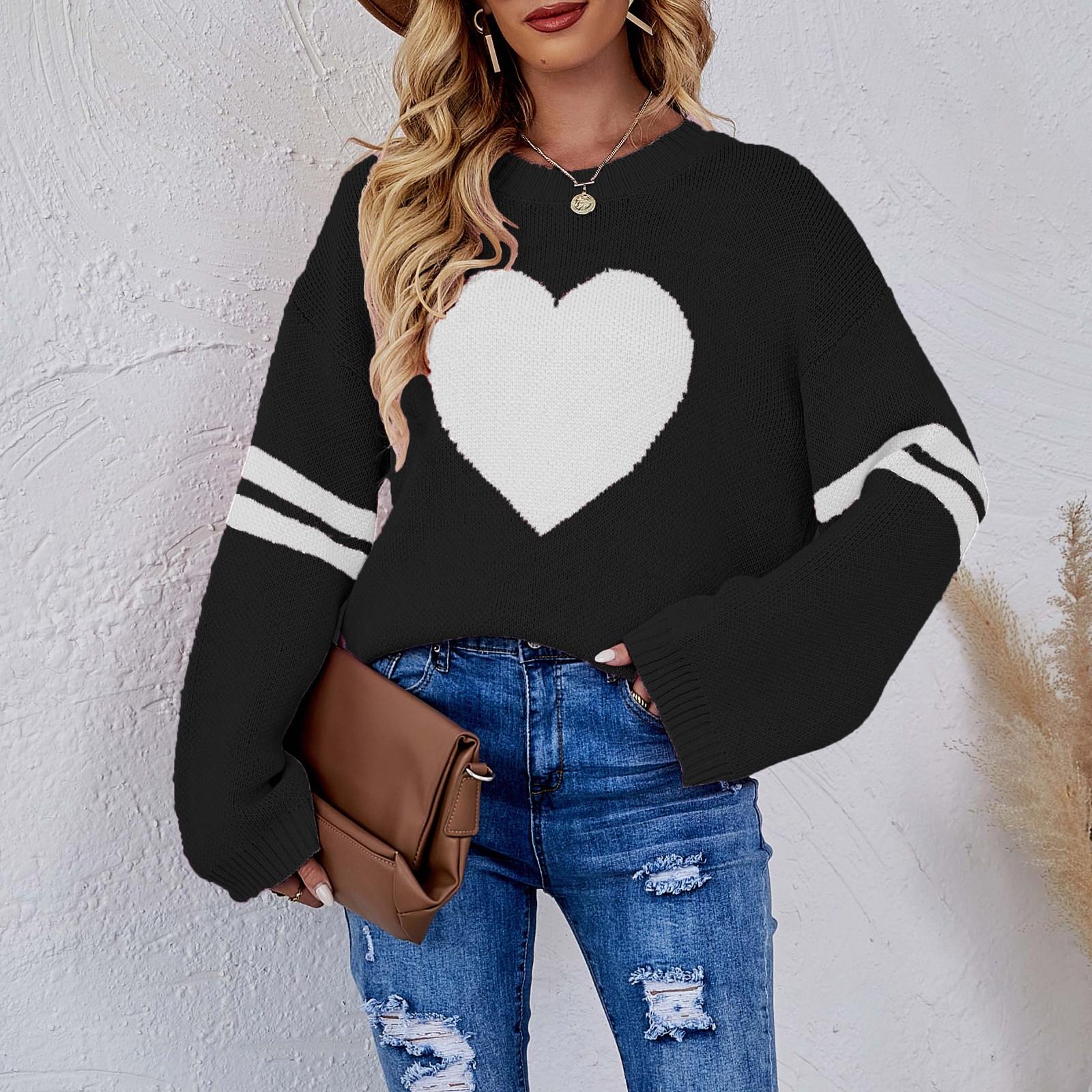 

Женская мода, повседневный темперамент, свободный пуловер с круглым вырезом, вязаный свитер с длинным рукавом и любовью L чёрный